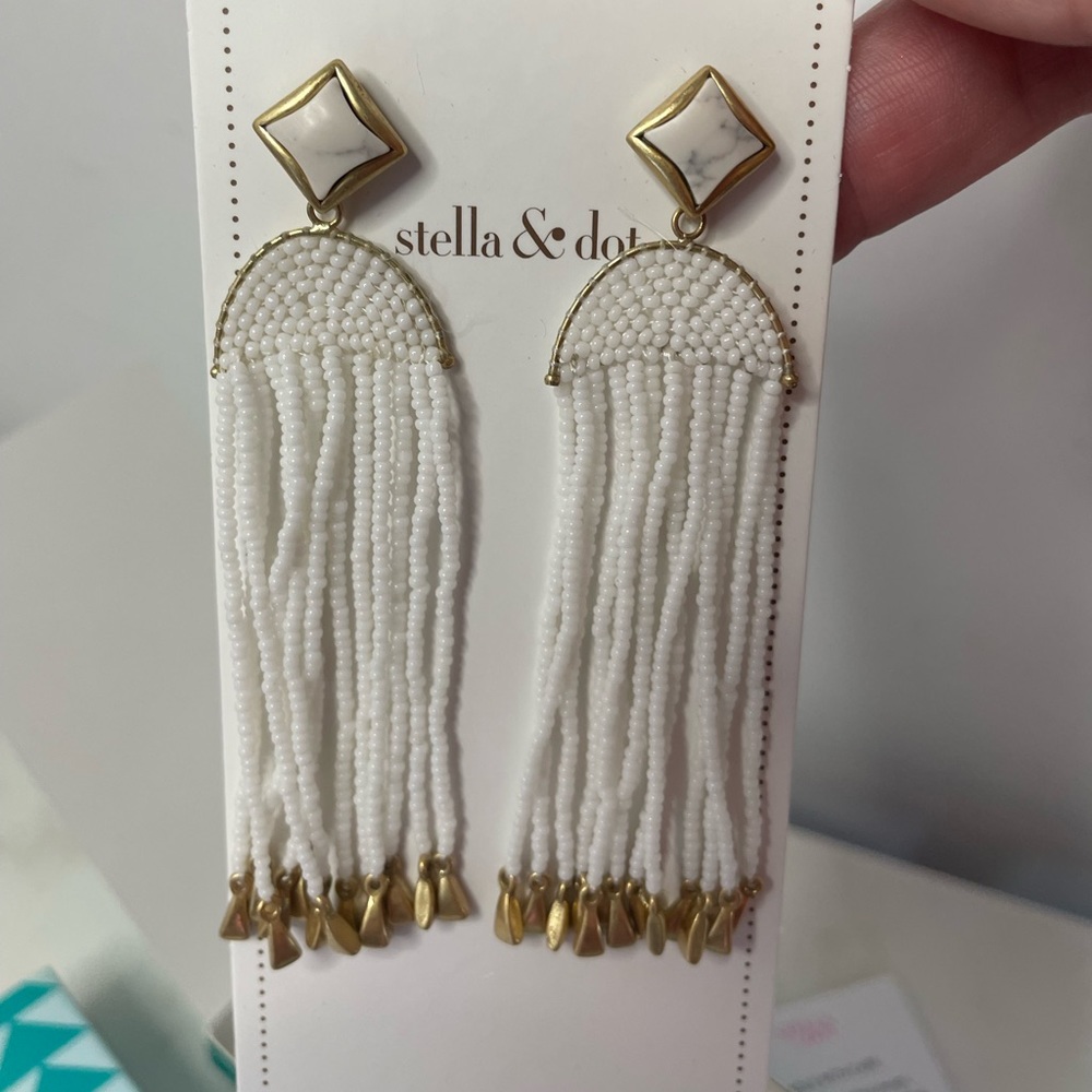 Stella & Dot Gold and White Ashley Tassel Statement Earring NWT